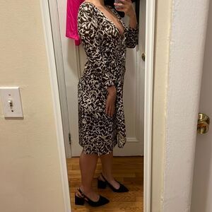 BCBGMaxazaria brown white animal floral print long sleeve true wrap summer dress